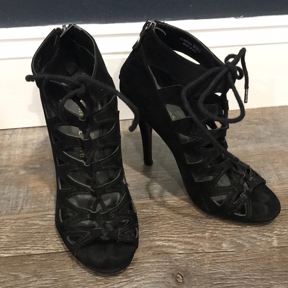 Black suede lace up heels